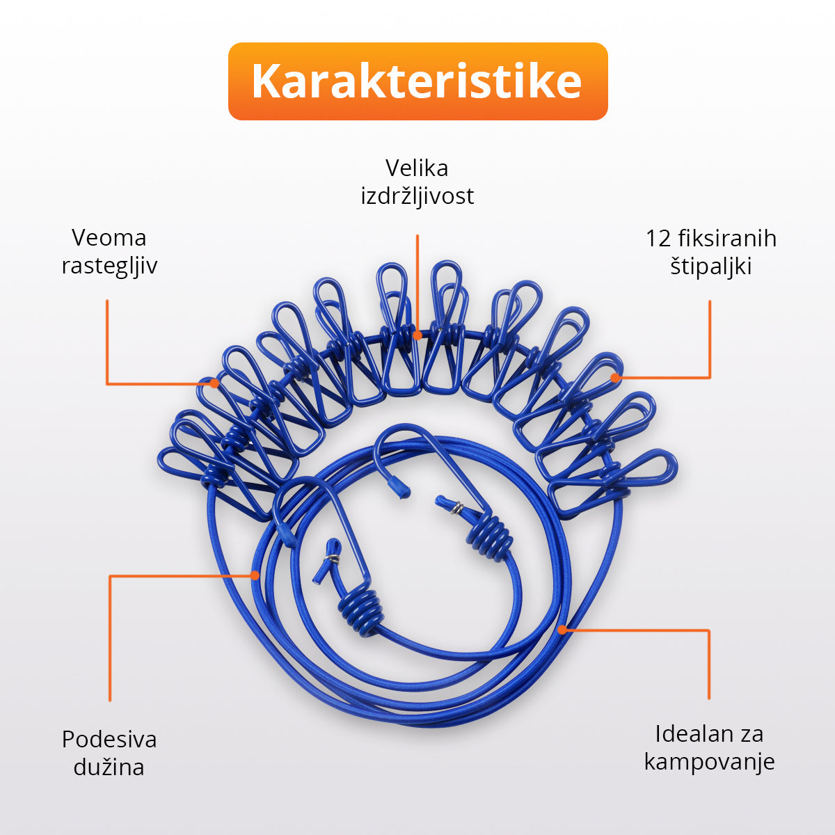 Rastegljivi štrik za veš sa 12 štipaljki (180cm-350cm)