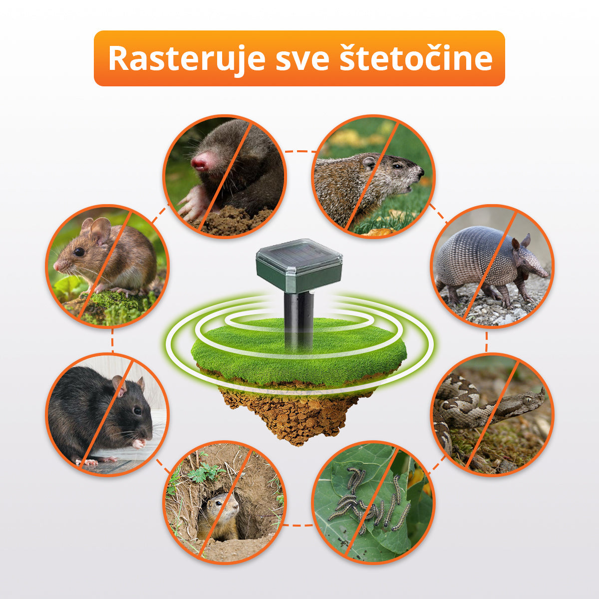 Solarni ultrazvučni rasterivač krtica i ostalih štetočina (2 komada)