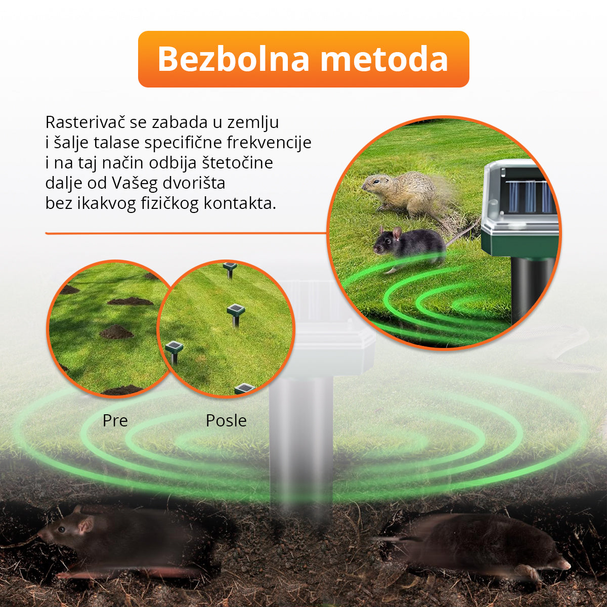 Solarni ultrazvučni rasterivač krtica i ostalih štetočina (2 komada)