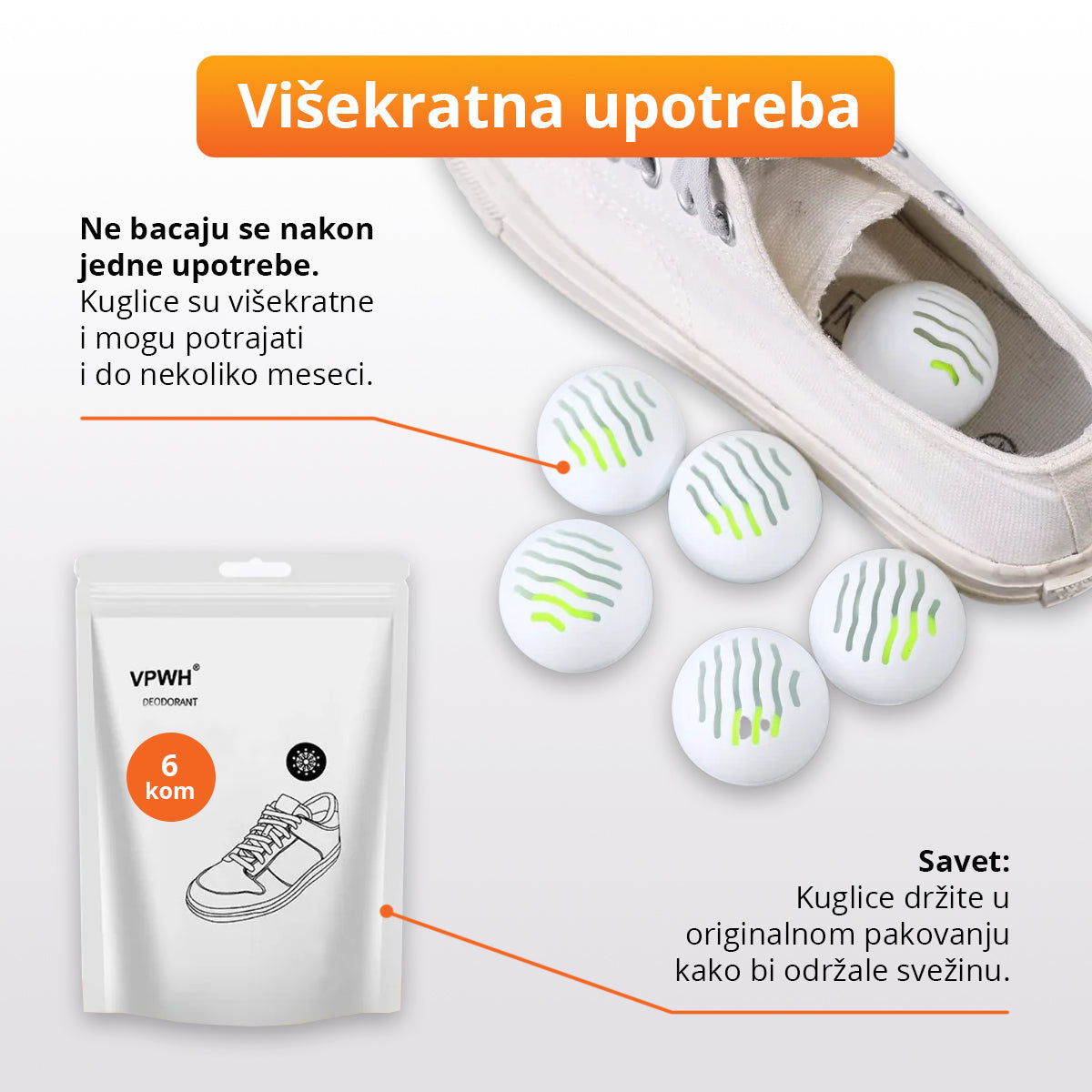 Kuglice za uklanjanje neprijatnog mirisa iz obuće (6 komada)